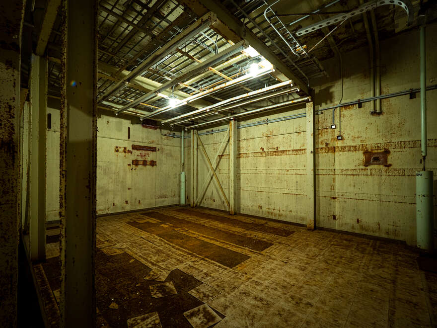 An empty room in the RSL-3 underground bunker. Shock absorbers protect the facility in case of a nearby nuclear detonation.