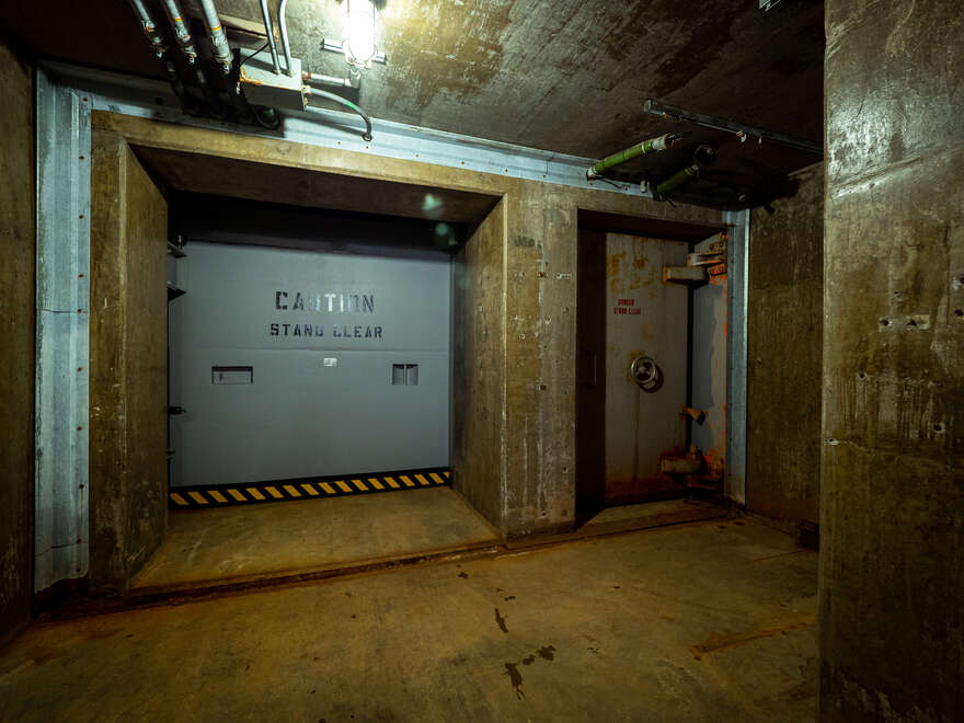 Double blast doors at the entrance to the RSL-3 underground bunker.